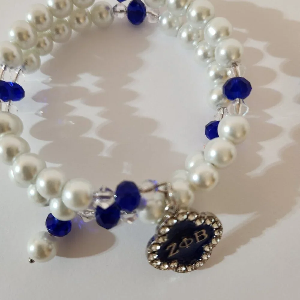 Handcrafted Zeta Phi Beta Charm Wrap Memory Wire Pearl Bracelet